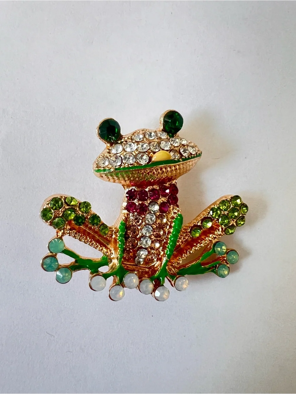 Rhinestone Enamel Frog Brooch - Green, Gold, Clear, Red